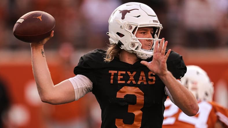 April 23, 2022; Austin, TX, USA; Texas quarterback Quinn Ewers (3) throws a pass during Texas's annual spring football game at Royal Memorial Stadium in Austin, Texas on April 23, 2022. Mandatory Credit: Aaron E. Martinez-USA TODAY NETWORK