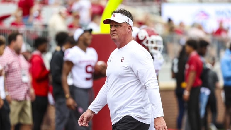 Apr 23, 2022; Norman, Oklahoma, USA;  Oklahoma Sooners receivers coach Cale Gundy during the spring game at Gaylord Family Oklahoma Memorial Stadium. Mandatory Credit: Kevin Jairaj-USA TODAY Sports