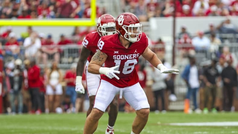 Apr 23, 2022; Norman, Oklahoma, USA;  Oklahoma Sooners linebacker T.D. Roof (18) in action during the spring game at Gaylord Family Oklahoma Memorial Stadium. Mandatory Credit: Kevin Jairaj-USA TODAY Sports