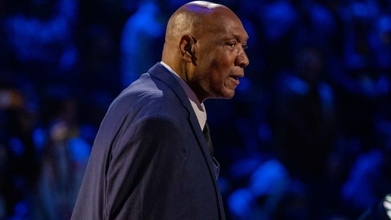 February 20, 2022; Cleveland, Ohio, USA; NBA great Elvin Hayes is honored for being selected to the NBA 75th Anniversary Team during halftime in the 2022 NBA All-Star Game at Rocket Mortgage FieldHouse. Mandatory Credit: Kyle Terada-USA TODAY Sports