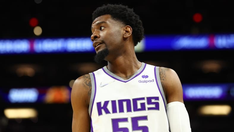 Apr 10, 2022; Phoenix, Arizona, USA; Sacramento Kings guard Josh Jackson (55) against the Phoenix Suns during the second half at Footprint Center. Mandatory Credit: Mark J. Rebilas-USA TODAY Sports