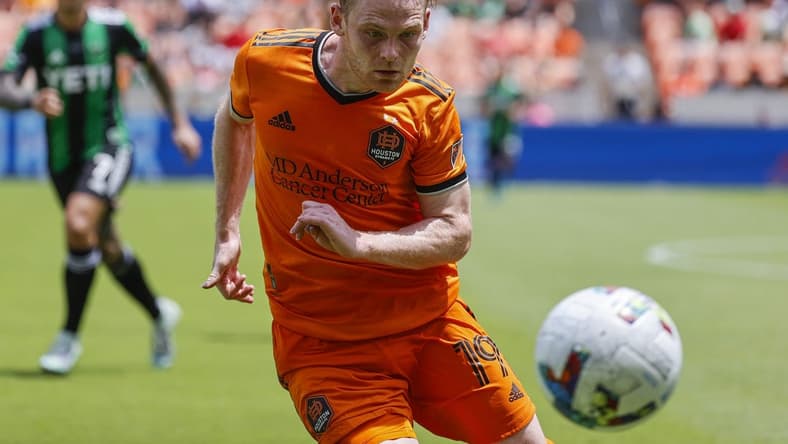 Apr 30, 2022; Houston, Texas, USA; Houston Dynamo FC forward Tyler Pasher (19) in action during the match against the Austin FC at PNC Stadium. Mandatory Credit: Troy Taormina-USA TODAY Sports