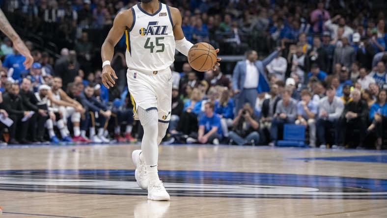 Apr 25, 2022; Dallas, Texas, USA; Utah Jazz guard Donovan Mitchell (45) in action during the game between the Dallas Mavericks and the Utah Jazz in game five of the first round for the 2022 NBA playoffs at American Airlines Center. Mandatory Credit: Jerome Miron-USA TODAY Sports