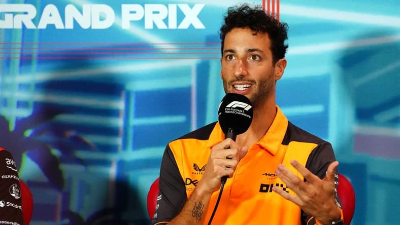 May 6, 2022; Miami Gardens, Florida, USA; McLaren driver Daniel Ricciardo of Australia  talks with the media during a press conference before their practice session for the Miami Grand Prix at Miami International Autodrome. Mandatory Credit: John David Mercer-USA TODAY Sports