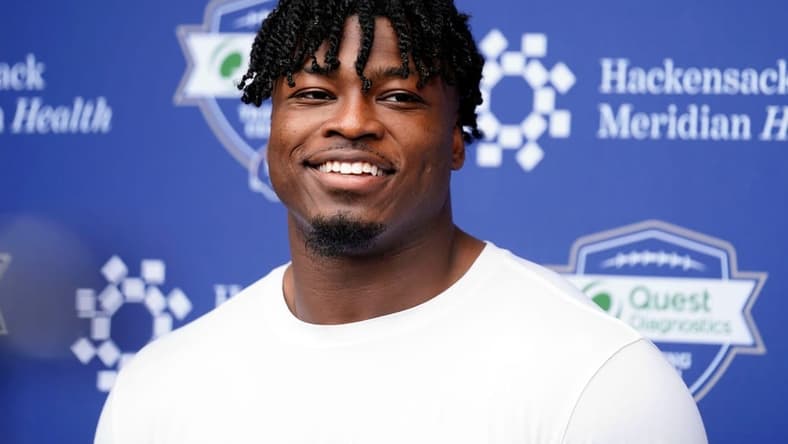 New York Giants linebacker Azeez Ojulari talks to reporters after organized team activities (OTAs) at the training center in East Rutherford on Thursday, May 19, 2022.
Nfl Ny Giants Practice