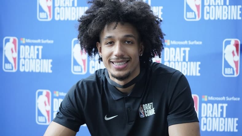 May 19, 2022; Chicago, IL, USA; Christian Koloko talks to the media during the 2022 NBA Draft Combine at Wintrust Arena. Mandatory Credit: David Banks-USA TODAY Sports