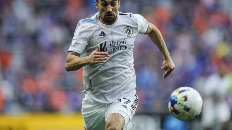 May 21, 2022; Cincinnati, Ohio, USA; New England Revolution midfielder Sebastian Lletget (17) cashes the ball against FC Cincinnati in the first half at TQL Stadium. Mandatory Credit: Katie Stratman-USA TODAY Sports