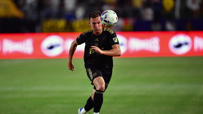 May 25, 2022; Carson, California, USA; Los Angeles FC forward Danny Musovski (29) moves the ball against Los Angeles FC during the first half at Dignity Health Sports Park. Mandatory Credit: Gary A. Vasquez-USA TODAY Sports