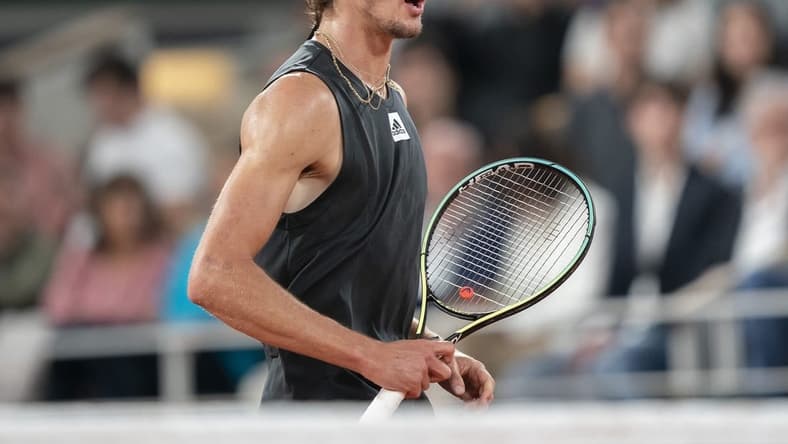 June 3, 2022; Paris, France; Alexander Zverev (GER) reacts to a point a shot during his semifinal match against Rafael Nadal (ESP)on day 13 of the French Open at Stade Roland-Garros. Mandatory Credit: Susan Mullane-USA TODAY Sports