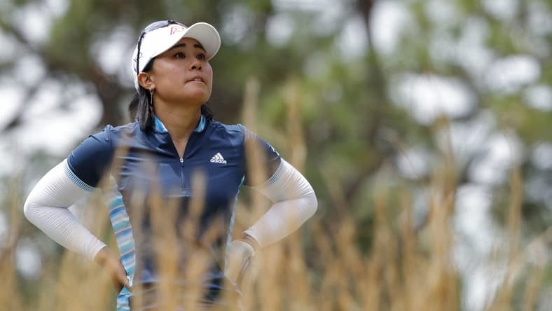 Jun 3, 2022; Southern Pines, North Carolina, USA; Danielle Kang reacts after hitting a tee shot on the fifth hole during the second round of the U.S. Women's Open. Mandatory Credit: Geoff Burke-USA TODAY Sports