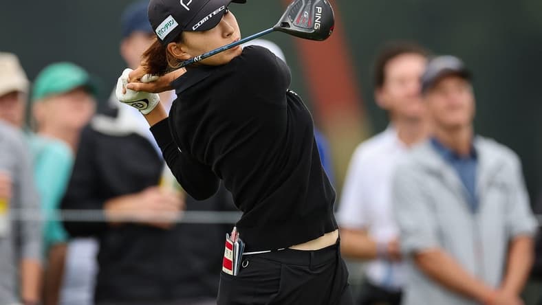 Jun 23, 2022; Bethesda, Maryland, USA; Hinako Shibuno plays her shot from the 16th tee during the first round of the KPMG Women's PGA Championship golf tournament at Congressional Country Club. Mandatory Credit: Scott Taetsch-USA TODAY Sports
