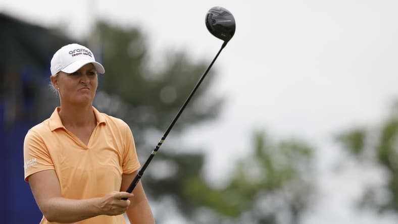 Jun 24, 2022; Bethesda, Maryland, USA; Anna Nordqvist lines up a tee shot on the fifteenth hole during the second round of the KPMG Women's PGA Championship golf tournament. Mandatory Credit: Geoff Burke-USA TODAY Sports