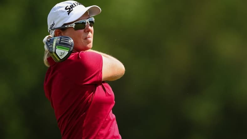 Jun 24, 2022; Bethesda, Maryland, USA; Ashleigh Buhai plays her shot from the eighth tee during the second round of the KPMG Women's PGA Championship golf tournament at Congressional Country Club. Mandatory Credit: Scott Taetsch-USA TODAY Sports