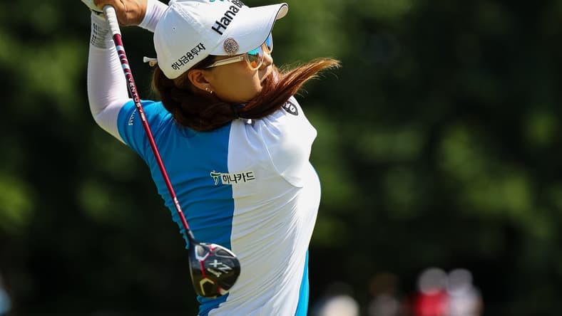 Jun 25, 2022; Bethesda, Maryland, USA; Minjee Lee plays her shot from the third tee during the third round of the KPMG Women's PGA Championship golf tournament at Congressional Country Club. Mandatory Credit: Scott Taetsch-USA TODAY Sports