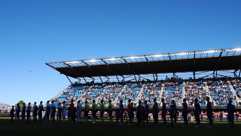 Jul 3, 2022; San Jose, California, USA; Chicago Fire and San Jose Earthquakes players line up for the national anthem before the game at PayPal Park. Mandatory Credit: Kelley L Cox-USA TODAY Sports