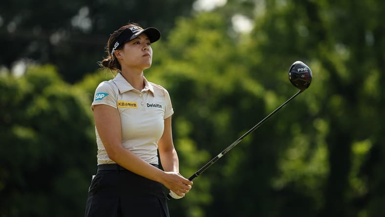 Jun 25, 2022; Bethesda, Maryland, USA; In Gee Chun watches her shot from the 18th tee during the third round of the KPMG Women's PGA Championship golf tournament at Congressional Country Club. Mandatory Credit: Scott Taetsch-USA TODAY Sports