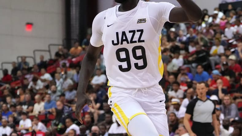Jul 11, 2022; Las Vegas, NV, USA; Utah Jazz guard Tacko Fall (99) calls for a pass during an NBA Summer League game against the Dallas Mavericks at Cox Pavilion. Mandatory Credit: Stephen R. Sylvanie-USA TODAY Sports