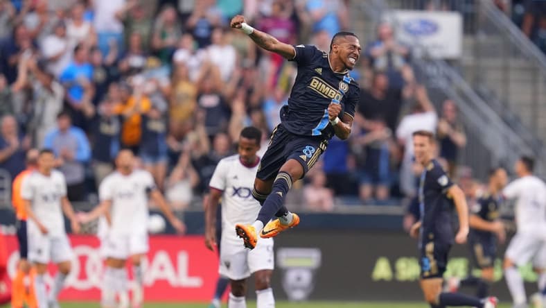 Jul 8, 2022; Chester, Pennsylvania, USA; Philadelphia Union midfielder Jose Andres Martinez (8) reacts after a goal by midfielder Alejandro Bedoya (11) (not pictured) against D.C. United in the first half at Subaru Park. Mandatory Credit: Mitchell Leff-USA TODAY Sports