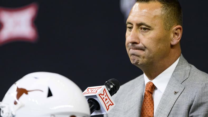 Jul 14, 2022; Arlington, TX, USA; Texas Longhorns head coach Steve Sarkisian is interviewed during the Big 12 Media Day at AT&T Stadium. Mandatory Credit: Jerome Miron-USA TODAY Sports