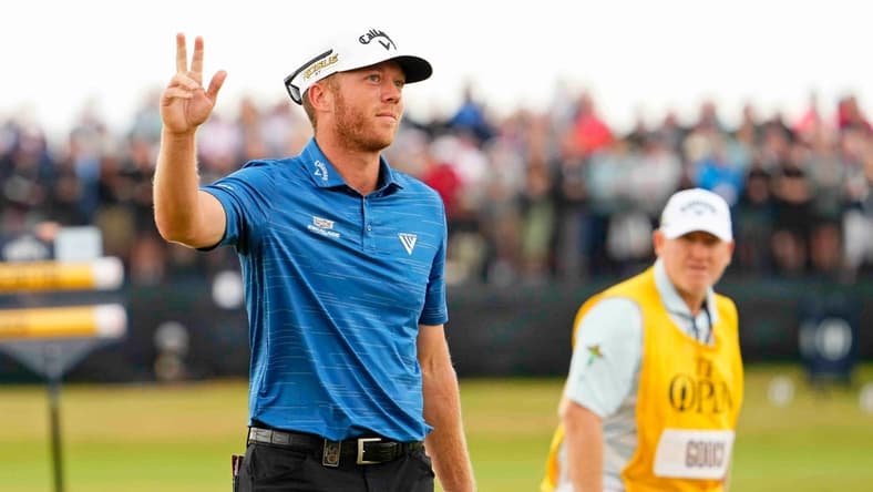 Jul 17, 2022; St. Andrews, SCT; Talor Gooch reacts after a putt on the 17th green during the final round of the 150th Open Championship golf tournament at St. Andrews Old Course. Mandatory Credit: Rob Schumacher-USA TODAY Sports