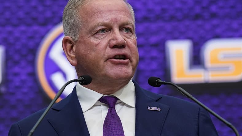 Jul 18, 2022; Atlanta, GA, USA; LSU Tigers head coach Brian Kelly speaks to the media  during SEC Media Days at the College Football Hall of Fame. Mandatory Credit: Dale Zanine-USA TODAY Sports