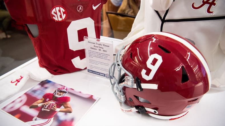 July 19, 2022; Atlanta,GA, USA; Bryce Young memorabilia is on display during SEC Media Days at the College Football Hall of Fame in Atlanta Tuesday, July 19, 2022. Gary Cosby Jr.-The Tuscaloosa News

Alabama At Sec Media Days