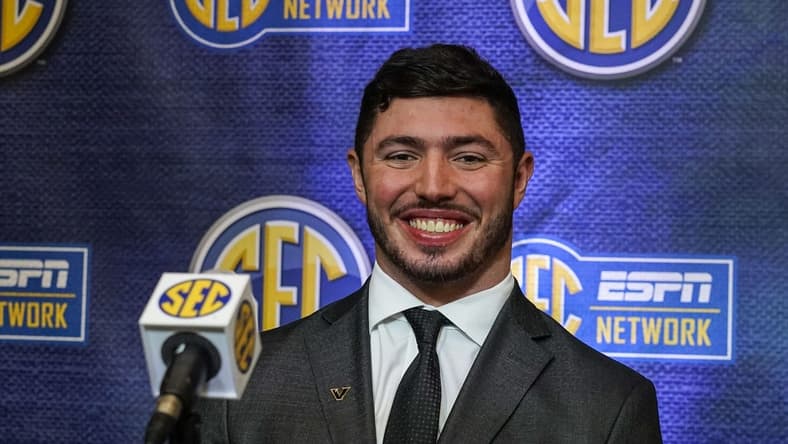 Jul 19, 2022; Atlanta, GA, USA; Vanderbilt player Ben Bresnahan shown during SEC Media Days at the College Football Hall of Fame. Mandatory Credit: Dale Zanine-USA TODAY Sports