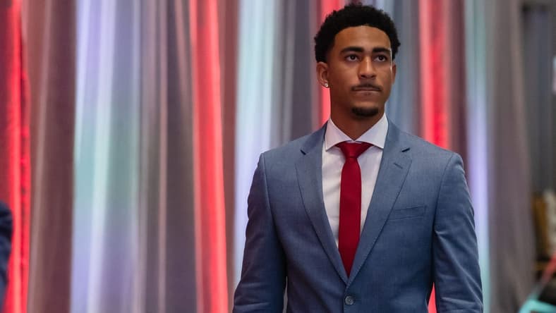 July 19, 2022; Atlanta,GA, USA; Alabama's Heisman Trophy winning quarterback Bryce Young comes to the primary media room during SEC Media Days at the College Football Hall of Fame in Atlanta Tuesday, July 19, 2022. Gary Cosby Jr.-The Tuscaloosa News

Alabama At Sec Media Days