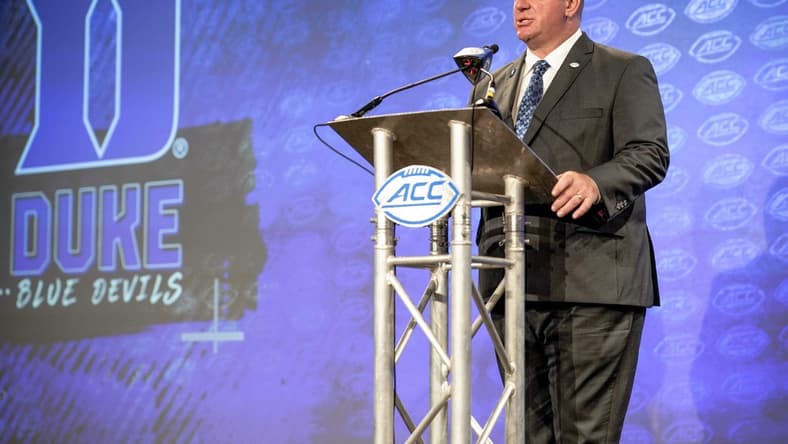 Jul 21, 2022; Charlotte, NC, USA; Duke Head Coach Mike Elko talks to the media during the second day of ACC Media Days at the Westin Hotel in Charlotte, NC. Mandatory Credit: Jim Dedmon-USA TODAY Sports