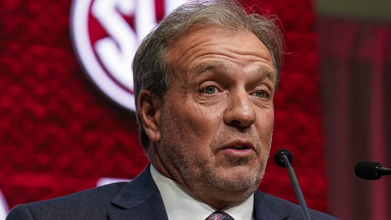 Jul 21, 2022; Atlanta, GA, USA; Texas A&M head coach Jimbo Fisher shown on the stage during SEC Media Days at the College Football Hall of Fame. Mandatory Credit: Dale Zanine-USA TODAY Sports