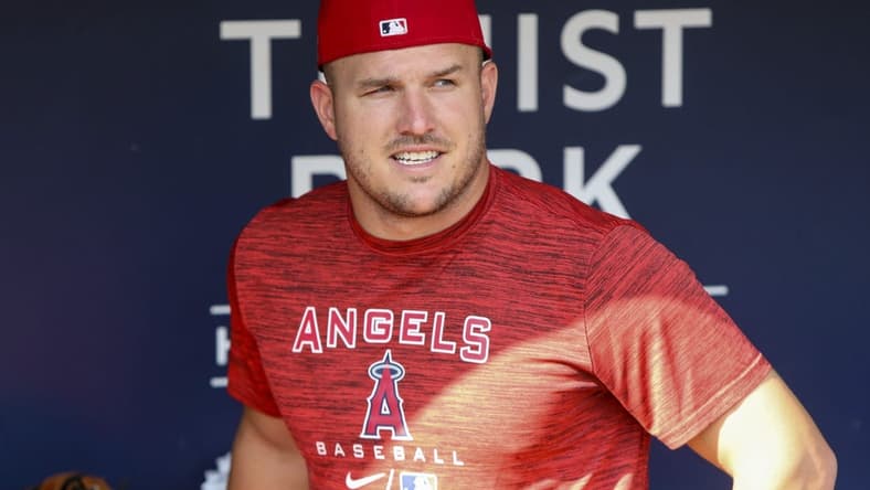 Jul 22, 2022; Atlanta, Georgia, USA; Los Angeles Angels center fielder Mike Trout (27) in the dugout before a game against the Atlanta Braves at Truist Park. Mandatory Credit: Brett Davis-USA TODAY Sports