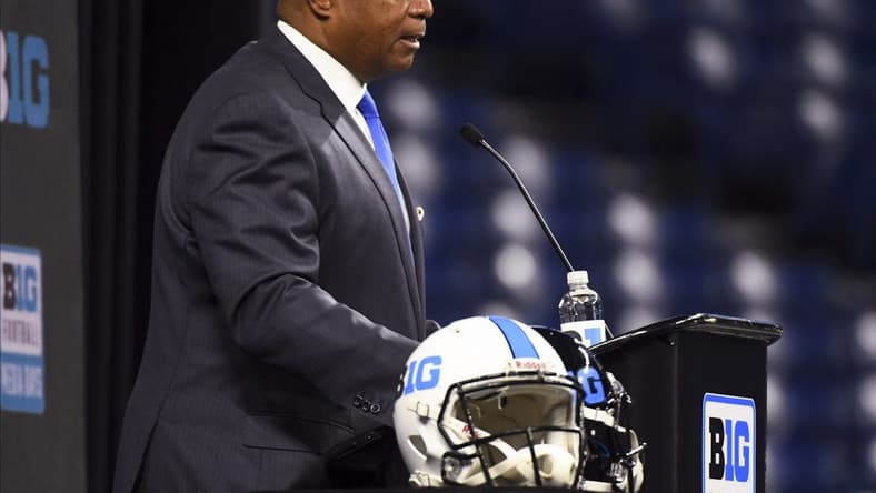 Jul 26, 2022; Indianapolis, IN, USA;  Big Ten commissioner Kevin Warren talks to the media during Big 10 football media days at Lucas Oil Stadium. Mandatory Credit: Robert Goddin-USA TODAY Sports