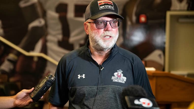 NMSU head coach Jerry Kill speaks to media outlets during New Mexico State football media day on Wednesday, July 27, 2022.

Nmsu Football Media Day