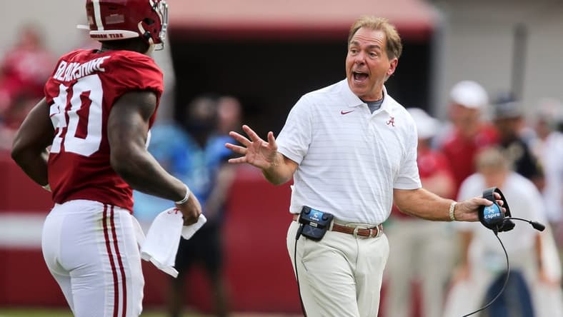 Alabama Head Coach Nick Saban has words for Mercer linebacker Jordan Williams (40) as he leaves the field Saturday, Sept. 11, 2021, in Bryant-Denny Stadium. [Staff Photo/Gary Cosby Jr.]

Alabama Vs Mercer