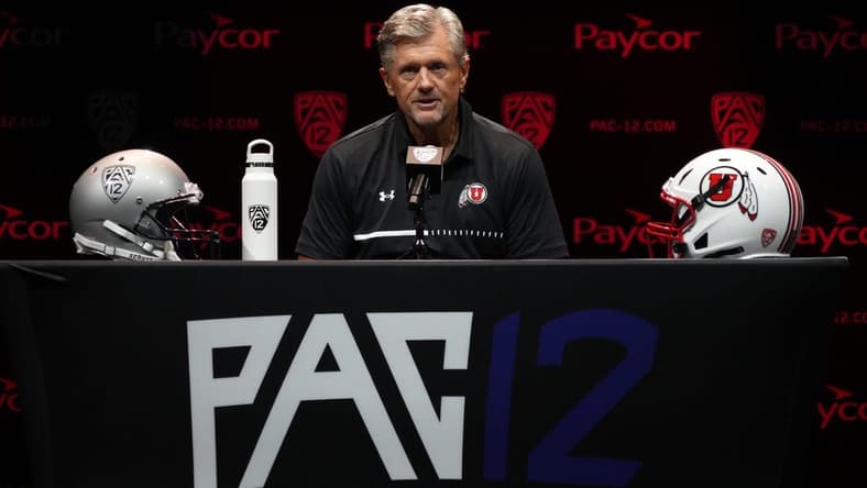 Jul 29, 2022; Los Angeles, CA, USA; Utah Utes coach Kyle Whittingham speaks during Pac-12 Media Day at Novo Theater. Mandatory Credit: Kirby Lee-USA TODAY Sports