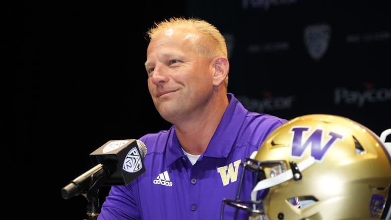 Jul 29, 2022; Los Angeles, CA, USA; Washington Huskies coach Kalen DeBoer speaks during Pac-12 Media Day at Novo Theater. Mandatory Credit: Kirby Lee-USA TODAY Sports
