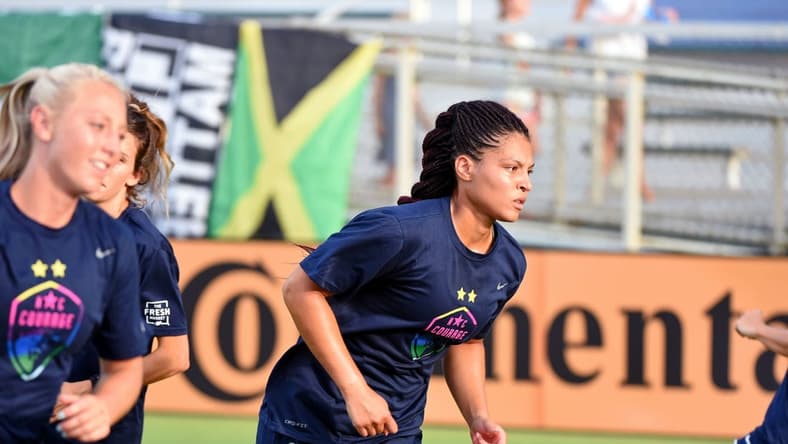 Jul 29, 2022; Cary, North Carolina, USA; North Carolina Courage forward Valerie Gauvin (26) warms up before the game against the Washington Spirit at WakeMed Soccer Park. Mandatory Credit: Rob Kinnan-USA TODAY Sports