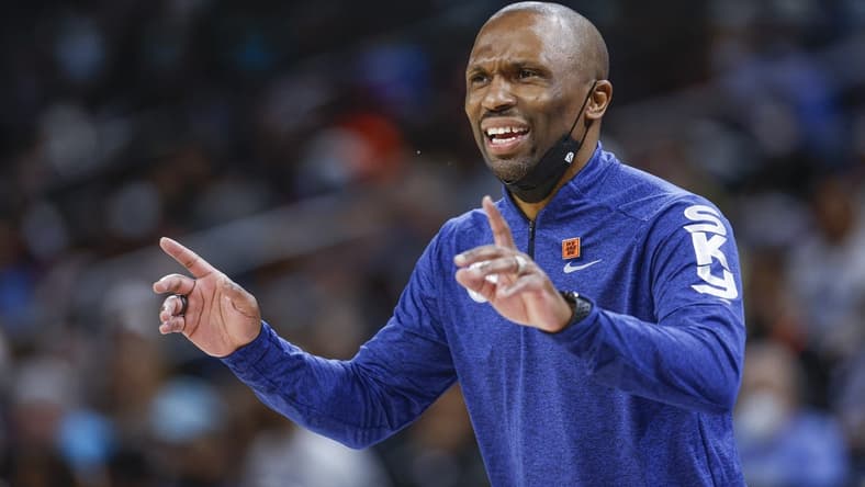Jul 29, 2022; Chicago, Illinois, USA; Chicago Sky head coach James Wade reacts during the second half of the WNBA game against the New York Liberty at Wintrust Arena. Mandatory Credit: Kamil Krzaczynski-USA TODAY Sports