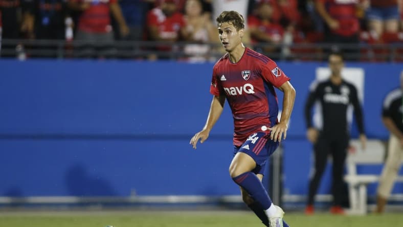 Jul 30, 2022; Frisco, Texas, USA; FC Dallas forward Beni Redzic (14) controls the ball against the Los Angeles Galaxy in the second half at Toyota Stadium. Mandatory Credit: Tim Heitman-USA TODAY Sports