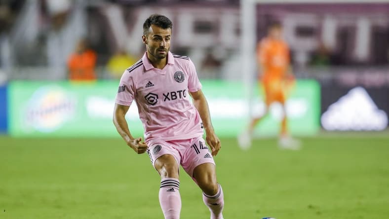 Jul 30, 2022; Fort Lauderdale, Florida, USA; Inter Miami CF forward Corentin Jean (14) passes the ball during the second half against FC Cincinnati at DRV PNK Stadium. Mandatory Credit: Sam Navarro-USA TODAY Sports