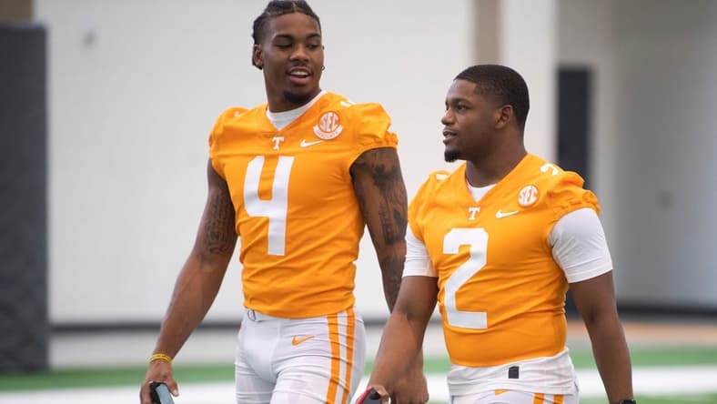 Tennessee wide receiver Cedric Tillman, left, and running back Jabari Small make their appearance at football media day in Knoxville, Tenn. on Sunday, July 31, 2022.

Kns Alice Bar