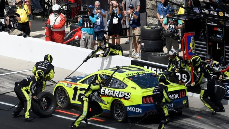 NASCAR Cup Series driver Ryan Blaney (12) makes a pit stop Sunday, July 31, 2022, during the Verizon 200 at the Brickyard at Indianapolis Motor Speedway.