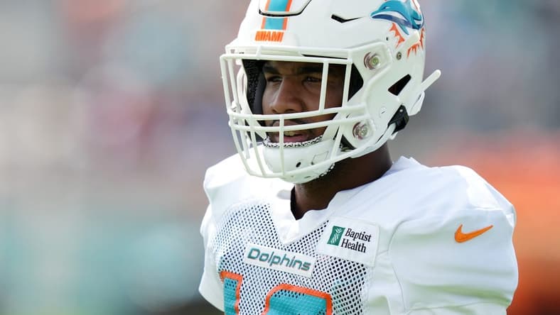Aug 2, 2022; Miami Gardens, Florida, US; Miami Dolphins wide receiver Jaylen Waddle (17) walks on the field during training camp at Baptist Health Training Complex. Mandatory Credit: Jasen Vinlove-USA TODAY Sports