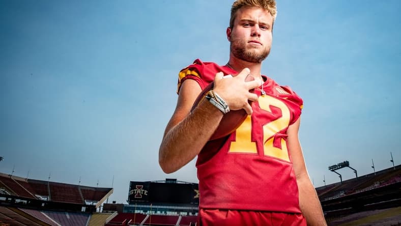 Hunter Dekkers stands for a photo during Iowa State Football media day at Jack Trice Stadium in Ames, Tuesday, Aug. 2, 2022.