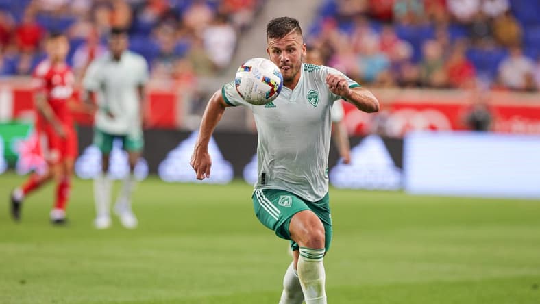 Aug 2, 2022; Harrison, New Jersey, USA; Colorado Rapids forward Diego Rubio (11) plays the ball against the New York Red Bulls during the first half at Red Bull Arena. Mandatory Credit: Vincent Carchietta-USA TODAY Sports