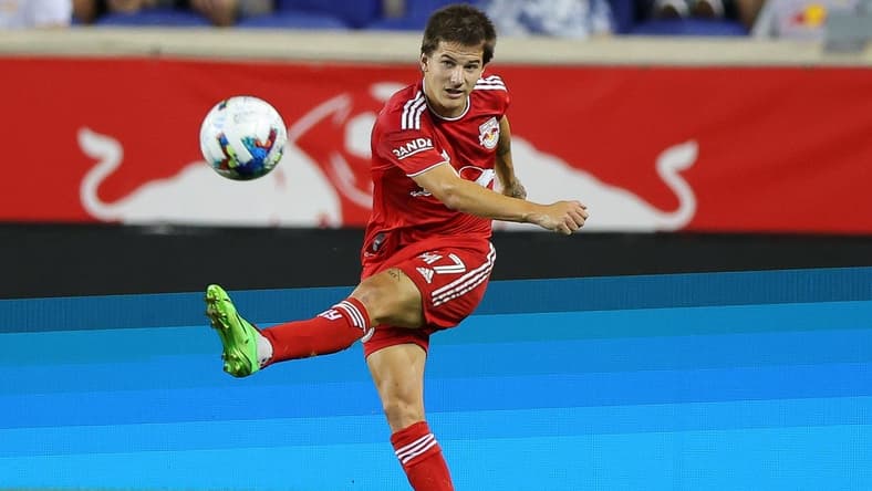 Aug 2, 2022; Harrison, New Jersey, USA; New York Red Bulls defender John Tolkin (47) punts the ball against the Colorado Rapids during the second half at Red Bull Arena. Mandatory Credit: Vincent Carchietta-USA TODAY Sports