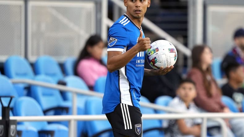Jul 30, 2022; San Jose, California, USA; San Jose Earthquakes defender Marcos Lopez (27) gestures during the first half against Real Salt Lake at PayPal Park. Mandatory Credit: Darren Yamashita-USA TODAY Sports