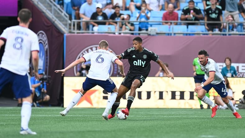 Aug 3, 2022; Charlotte, North Carolina, USA; Charlotte FC attacker McKinze Gaines (17) goes around D.C. United midfielder Russell Canouse (6) in the first half at Bank of America Stadium. Mandatory Credit: Griffin Zetterberg-USA TODAY Sports