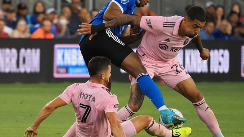 Aug 3, 2022; San Jose, California, USA; San Jose Earthquakes attacker Jeremy Ebobisse (11) battles for the ball between Inter Miami FC midfielder Jean Mata (7) and Inter Miami FC Gregore Silva (26) during the first half at PayPal Park. Mandatory Credit: Kelley L Cox-USA TODAY Sports
