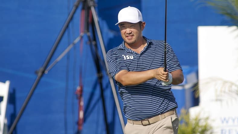 Aug 4, 2022; Greensboro, North Carolina, USA; John Huh watches his tee shot on the tenth tee during the first round of the Wyndham Championship golf tournament. Mandatory Credit: Nell Redmond-USA TODAY Sports